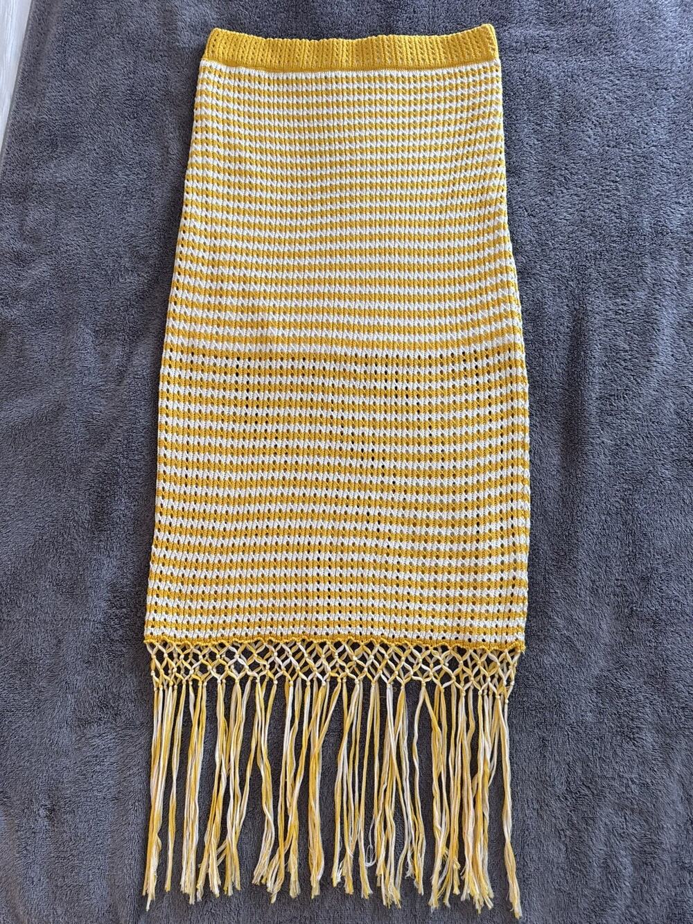 Pink Lily Yellow Fringe Skirt Knit Boho Bohemian Resortwear Festival Crochet